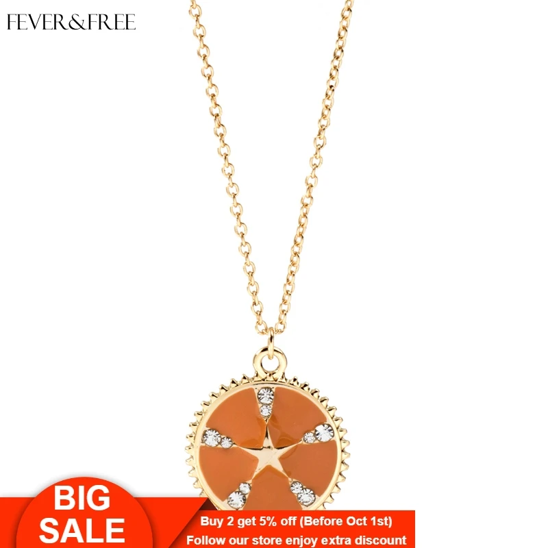 

Fever&Free Original Design Simple Pentagram Pendant Necklace Fashion Female Clavicle Necklaces Orange Round Crystal Jewelry 2019