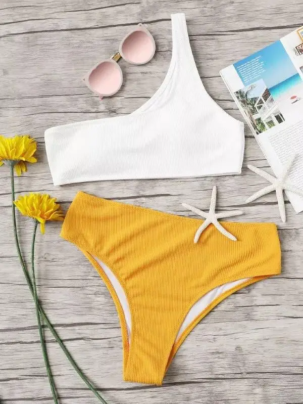 

Women Two Piece Swimsuits Sexy Backless Split Bikini Set Wrap-around Swimswear Removable Chest Pad One Shoulder Bathing Suit