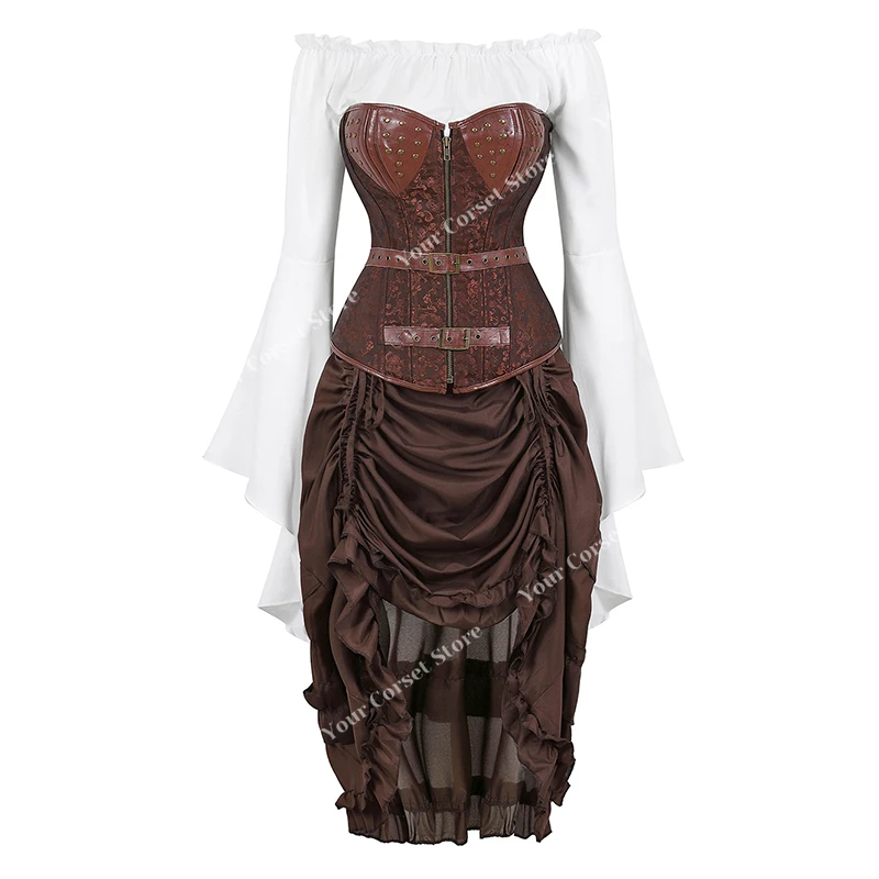 thumbnail image 1 of Ropa Steampunk Disfraz Steampunk para mujer Vestido con corsé debajo del busto Blusa renacentista de talla grande Disfraz de pirata medieval para Halloween, 1 of 5
