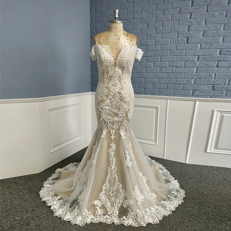 

2020 Bridal New Deep Neckline Sheer Back Off Shoulder Mermaid Wedding Dress Gown