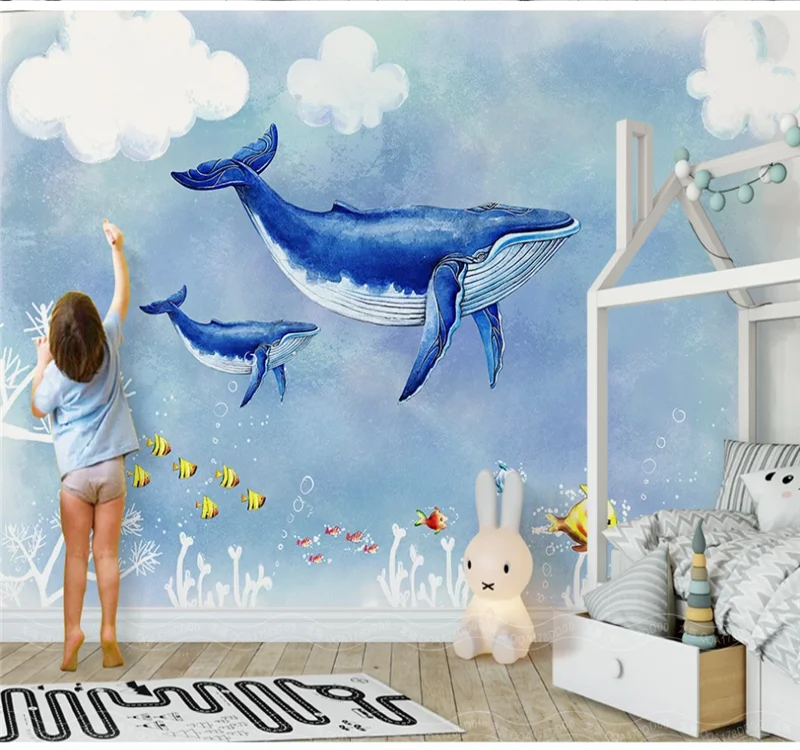 Customized large wallpaper 3D mural hand-painted cartoon seabed sky whale children's interior decoration wallcovering 50 sheets pack washi paper sticker set hand account magazine series hand painted cartoon material decorative stickers