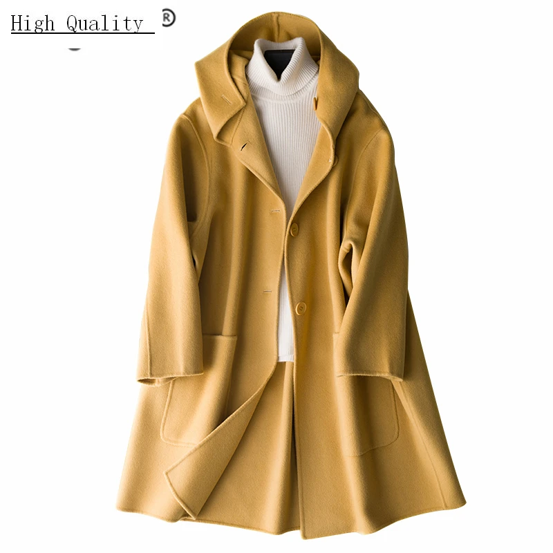 

Elegant Winter Coat Women 100% Natural Wool Coat Female Autumn Cashmere Hooded Clothes Long Warm Woolen Jakcet Hiver 1801