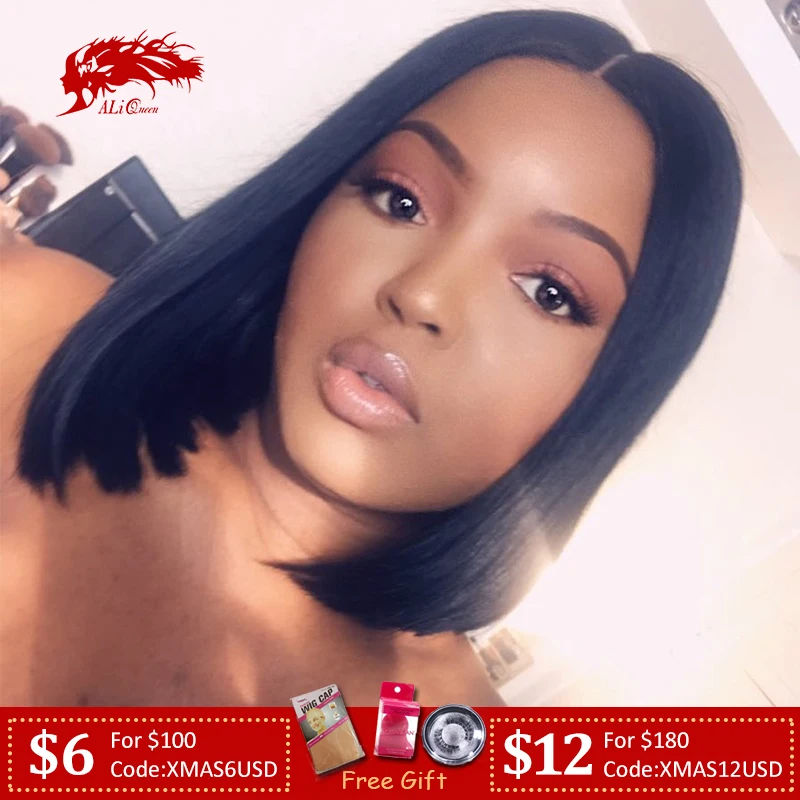 Online Ali Queen 13x4 13x6 pelucas delanteras de encaje 10A 150% 180% 200% pelucas de pelo Remy brasileño recto Natural negro corto Bob