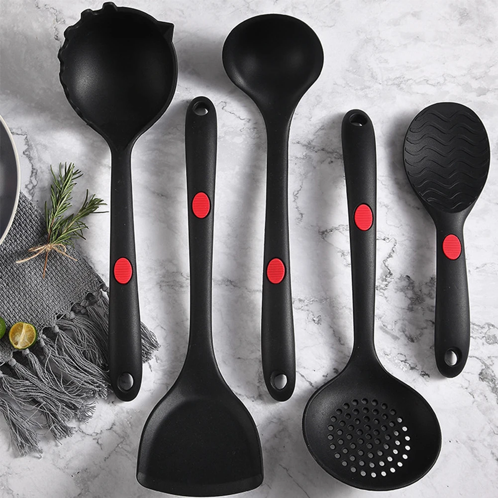 5Pcs Soft Silicone Household Practical Kitchen Utensil Set Ergonomic Handle Non Stick Solid With Holes Heat Resistant Colander