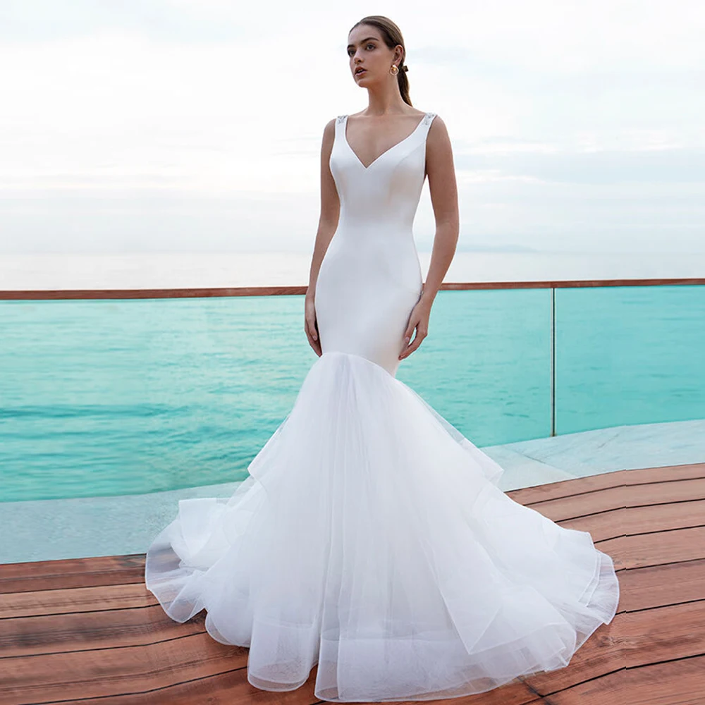 Abito da Sposa Белое Атласное свадебное платье русалки 2019 простое Vestido de novia sirena Иллюзия сзади роскошный халат de Mariee