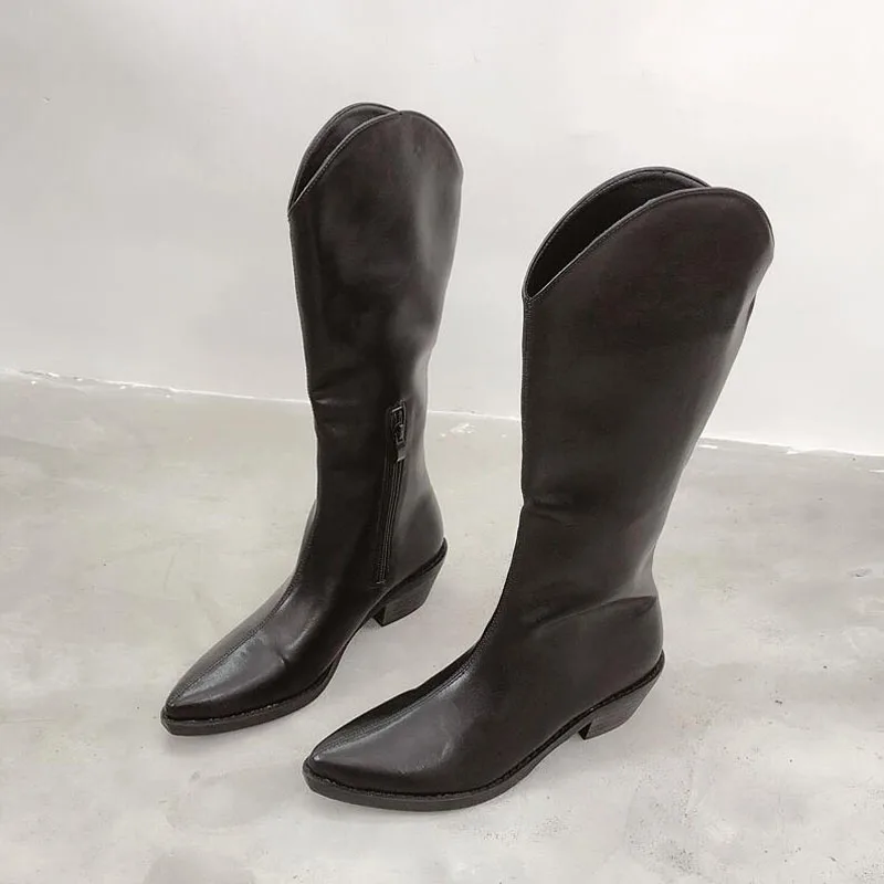 

New 2020 Black Brown Beige Pointed Toe Thick Motorcycle Boots for Women Long Spring Autumn Boots High Heel Shoes T513-5