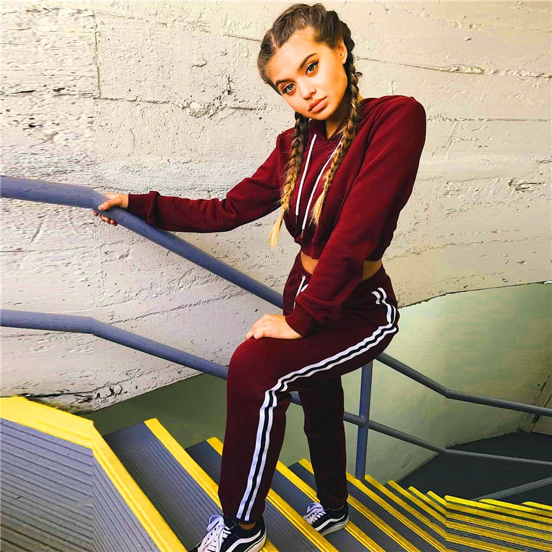 

Autumn Fashion Women Short Hoodies Vest Lace Up Hooded Cropped Tops Long Trousers 2 piece set Slim fit Women Hoodies Outwear z30