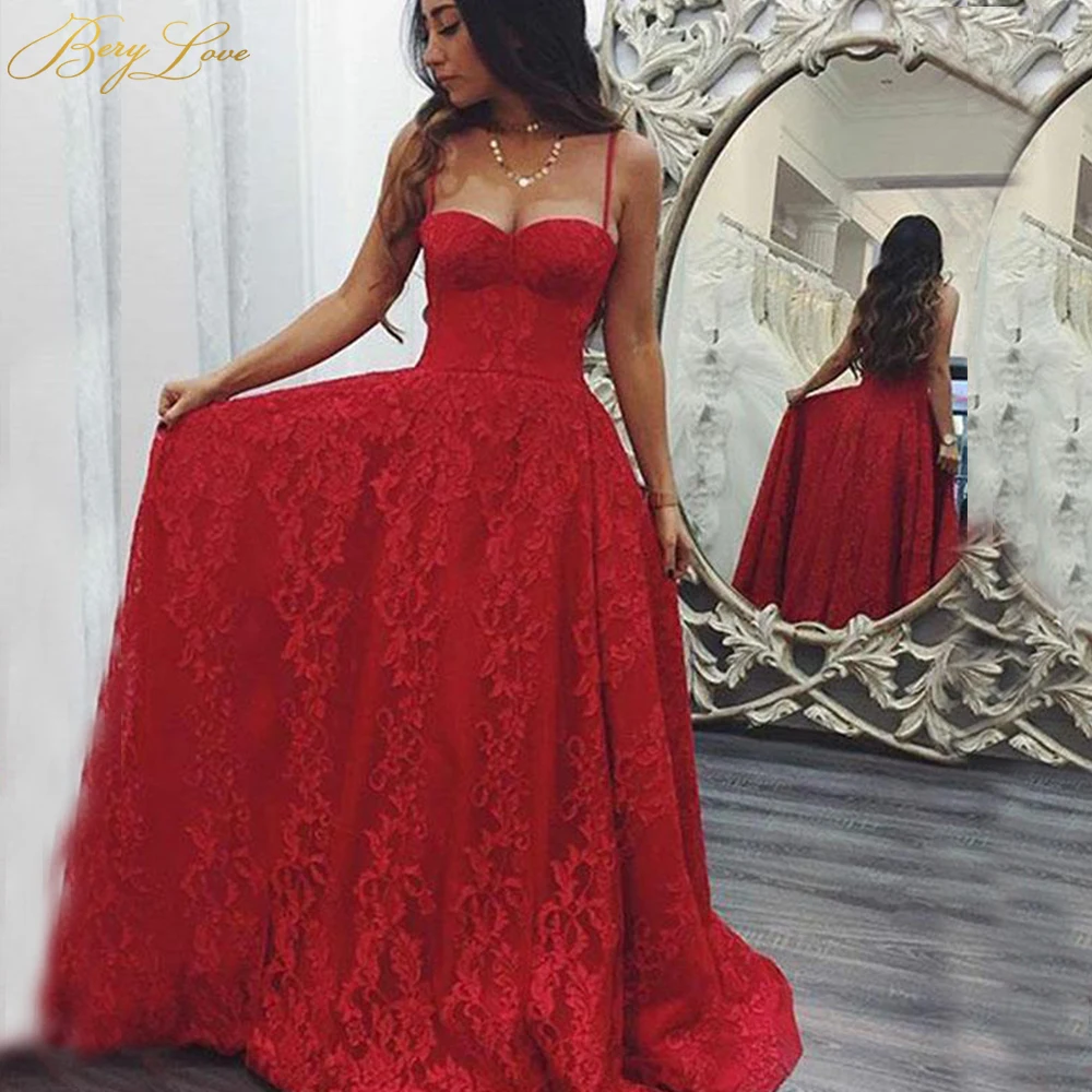 

Low Neck Evening Dress 2020 Red Long Lace Appliques Formal Evening Gown Custom Prom Party Dress Lace Skirt Spaghetti Straps Gown