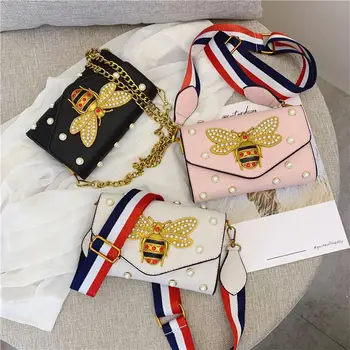 

PinShang Two-ways Wearing Lady Small Square Shoulder Bag Pearl Bead Bee Cross-body Woman Handbag