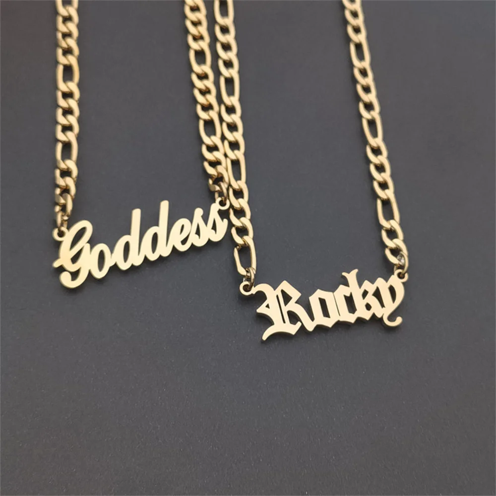 

Block Letter Name Pendant Necklace Women Men Hip Hop Jewelry Personalized Nameplate Choker Necklaces Figaro Chain Custom Colar