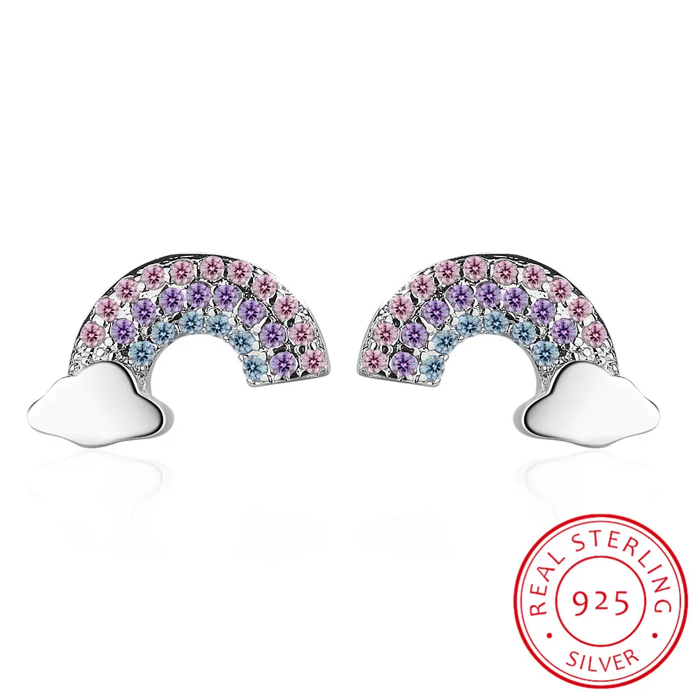 

100% 925 Solid Real Sterling Silver Jewelry Colorful CZ Rainbow Cloud Stud Earring Women Friend Girl Lady