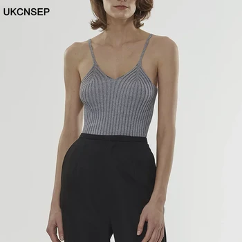 

UKCNSEP Casual Striped Tank Top Women Camis V Neck Spaghetti Strap Slim Backless Knitting Vest Female Clothing 2020 Summer