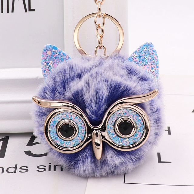 Cute Sequin Ears Owl Keychain Fluffy Artificial Rabbit Hairy Pom-pom Keychain Women's Shoulder Bag Owl Pendant Key Ring