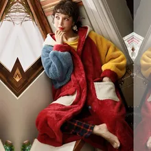 Женская осенняя и зимняя плюшевая Коралловая бархатная цельная Ночная рубашка Женский Зимний Большой фланелевый Халат с капюшоном