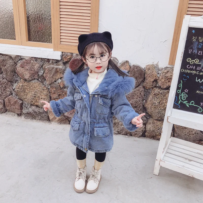 

New Girls Jackets Denim Coats Winter Thick Warm Fleece Hooded Outerwear Kids Clothes Overcoat Children Clothing High Quality