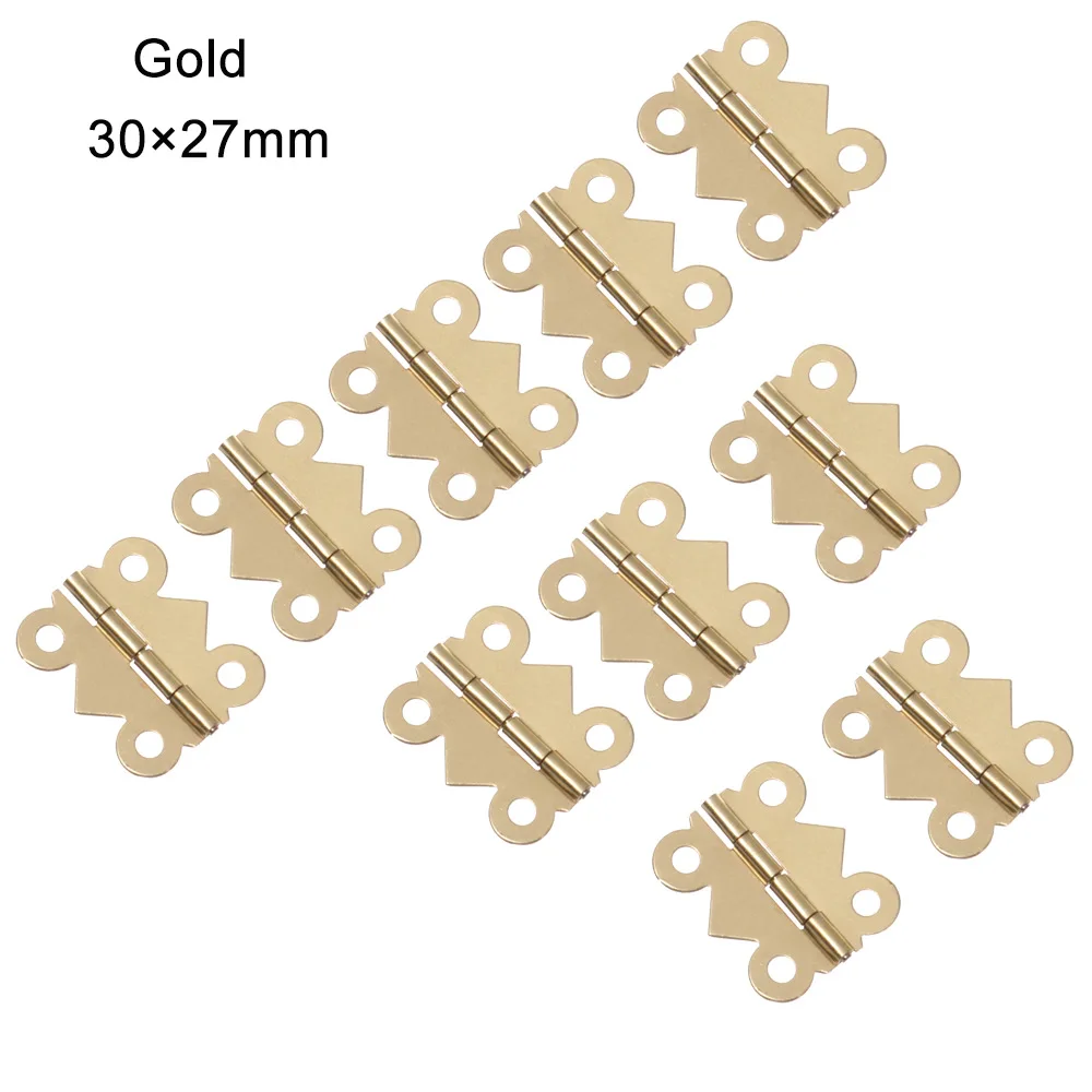 Gold-30x27mm 10pcs/lot 180° Mini Butterfly Antique Bronze Hinges Jewelry Wooden Box Wine Case Decor Hinge with screws Furniture Hardware - Цвет: Gold-30x27mm