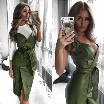 

Women Sexy Pu Leather Split Party Dress Ladies Spaghetti Strap Solid Elegant Club 2019 New Fashion Knee Length Dress Sleeveless