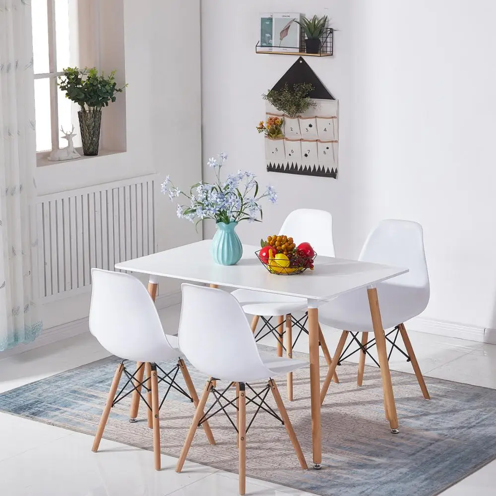 

White Dining Table Set Rectangular Dining Table and 4 Chairs with Beech Legs for Office Lounge Dining Kitchen Home Furniture