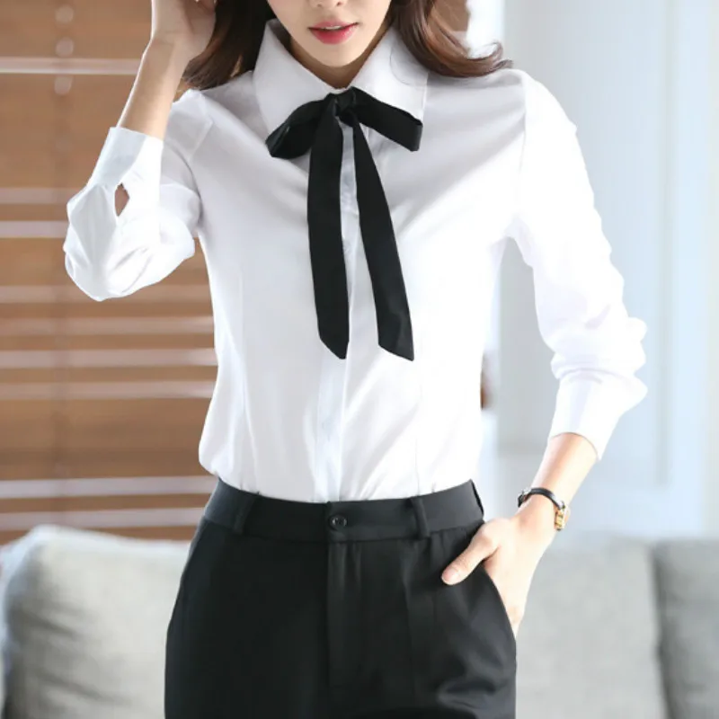 Women Blouse Bow Tie Turn Down Collar 