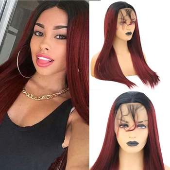 

RONGDUOYI Ombre Burgundy Silky Straight Synthetic Lace Front Wig for Women Heat Resistant Middle Part Long wig Baby Hair