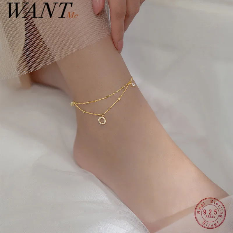 

WANTME 925 Sterling Silver Fashion CZ Zircon Round Pendant Chain Punk Anklet for Women European Goth Foot Jewelry Accessories