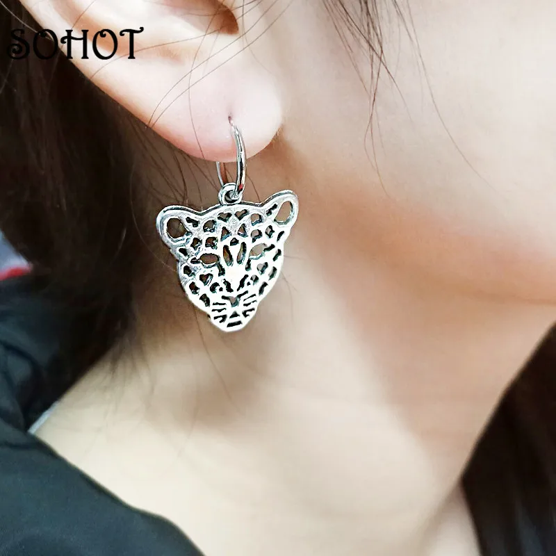 SOHOT Trendy Animal Leopard Head Pendant Unisex Hoop Earrings Hollow Alloy Silver Color Exaggeration Men Women Piercing | Украшения и