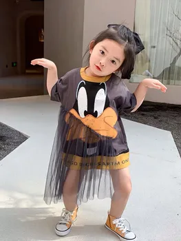 

Girls' dress summer cotton short-sleeved cartoon duck graphic T-shirt skirt stitching mesh dress fashion fun dress trend