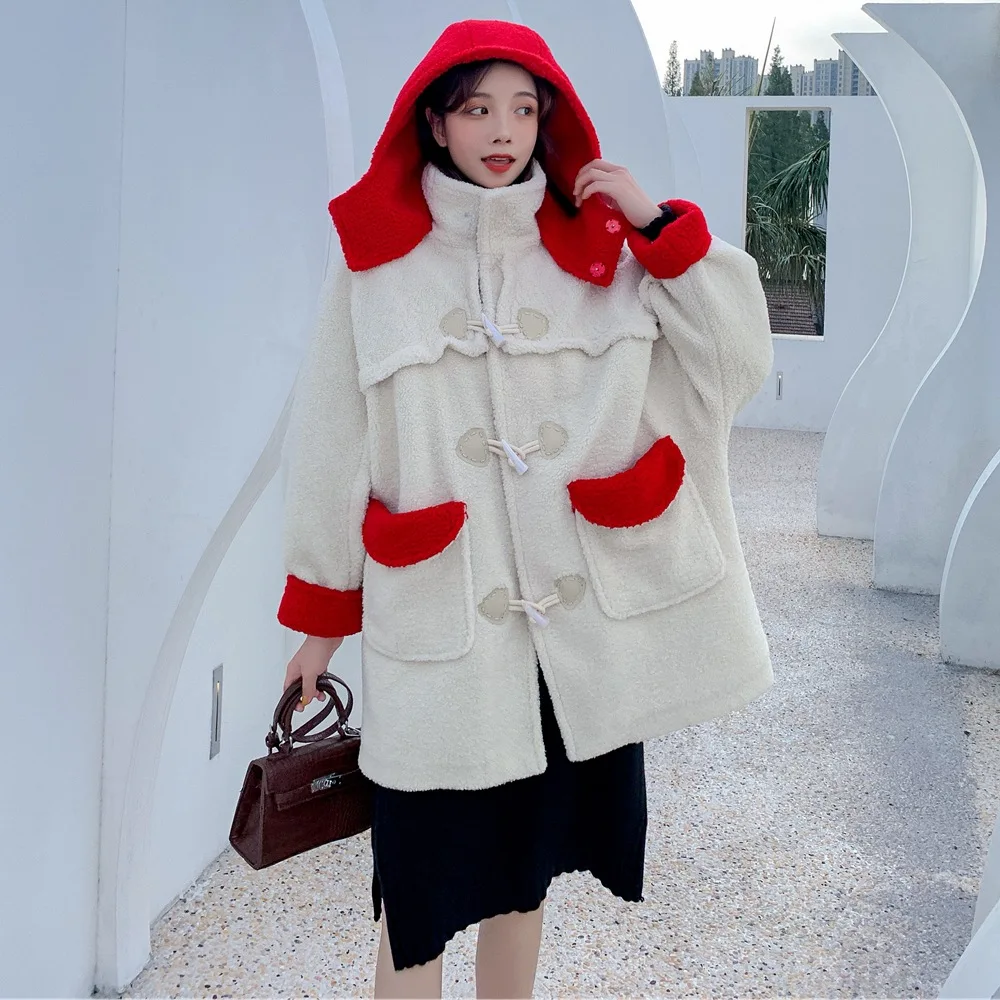 

Photo Shoot 2019 Winter New Style Hipster Vintage Laziness-Style Toggle Contrast Color Hooded Lambs Wool Overcoat WOMEN'S Coat