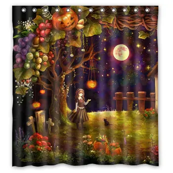 

Custom Girl Pumpkin Dark Cat Moon Star Waterproof Polyester Shower Curtain