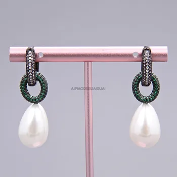

GuaiGuai Jewelry Teardrop White Sea Shell Pearl Green Cz Pave Ring Earrings