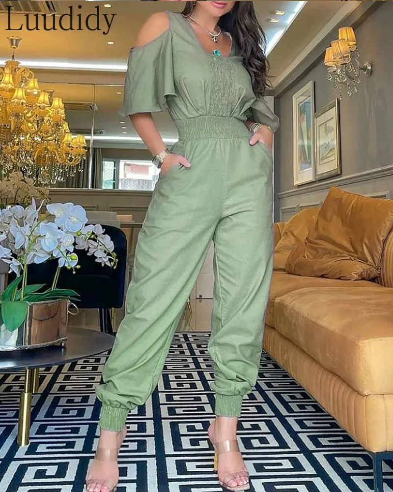 

Women Cold Shoulder Shirring Waist Ruffles Jumpsuit