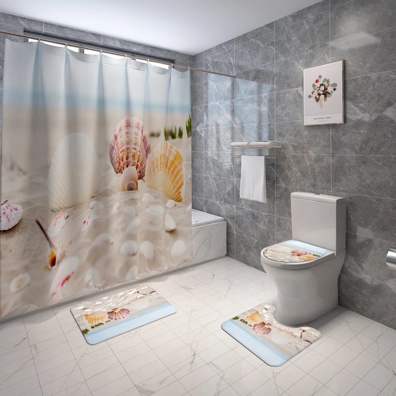 180 180cm Beach Shell Shower Curtains Bathroom Curtain Set Anti Skid Bath Rugs Carpet Toilet Lid Cover Bath Mat Bathroom Decor Shower Curtains Aliexpress