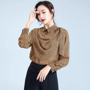 

2020 season women's leopard-print turndown collar single-breasted irregular chiffon ruffles wu dan loose-fit top