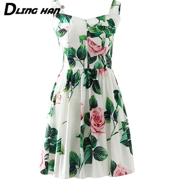 

LINGHAN Vintage Rose Print 100%Cotton Dress Spaghetti Strap Fashion Mini Beach Dresses Designer Spring Summer New
