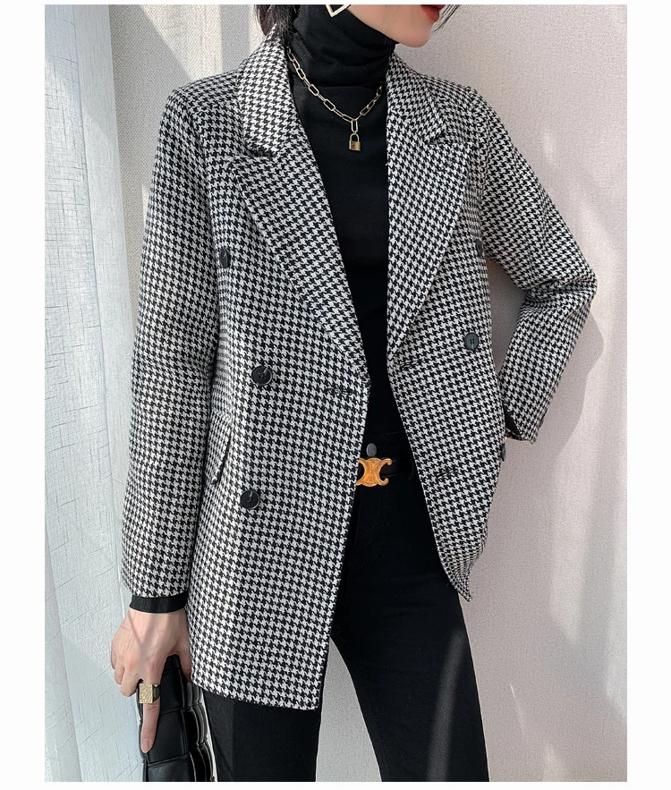 最新の激安 格子縞のウールのスーツジャケット女性のゆるいレトロな