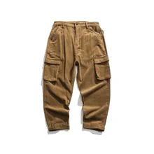 19 зимние японские Ретро вельветовые брюки мужские модные брендовые свободные мульти-карманные волшебные наклейки