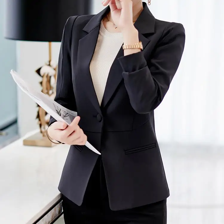 Brand Spring Autumn Slim Fit Women Formal Jackets Office Work Suit Open Front Notched Ladies Solid Black Coat Top Blazers Jacket - Цвет: Black
