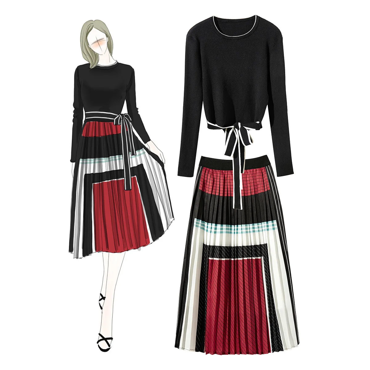 

Modis Streetwear Autumn Winter Casual Two Piece Set Knitted Blouse with Bow and Pleated Print Skirt Women 2 Piece Set Plus Size