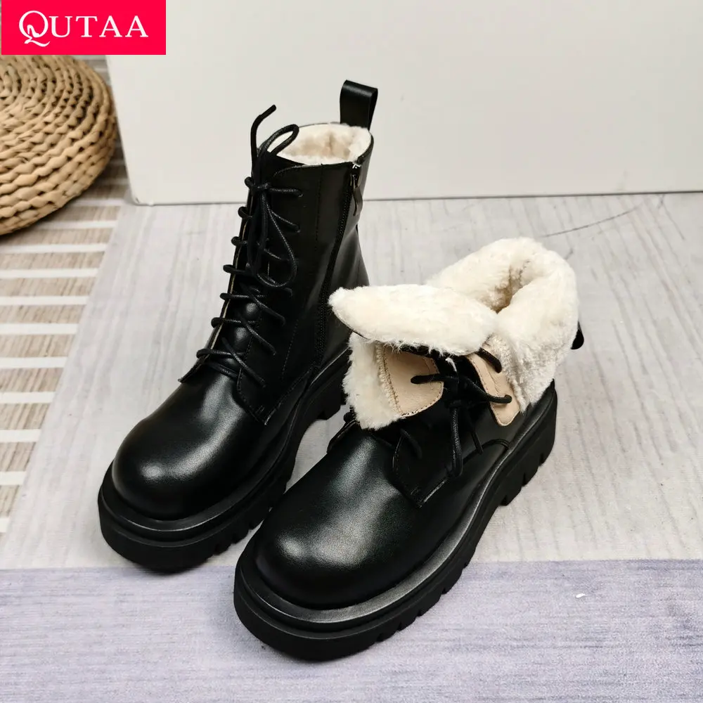Qutaa 2022 Vrouwen Motorlaarzen Winter Warm Plus Pluche Ronde Neus Echt  Lederen Schoenen Pluche Lace Up Enkellaarsjes Maat 34 43|Ankle Boots| -  AliExpress