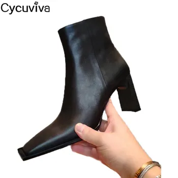 

Genuine Leather Chealse Ankle Boots For Women Chunky Heels Mules Square Toe T Show Shoes Femme Runway White Short Boots Women