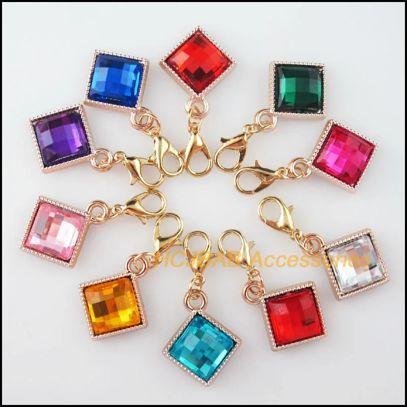 

20 New Square Charms Mixed Acrylic KC Gold Plated Retro With Lobster Claw Clasps 17.5x21mm