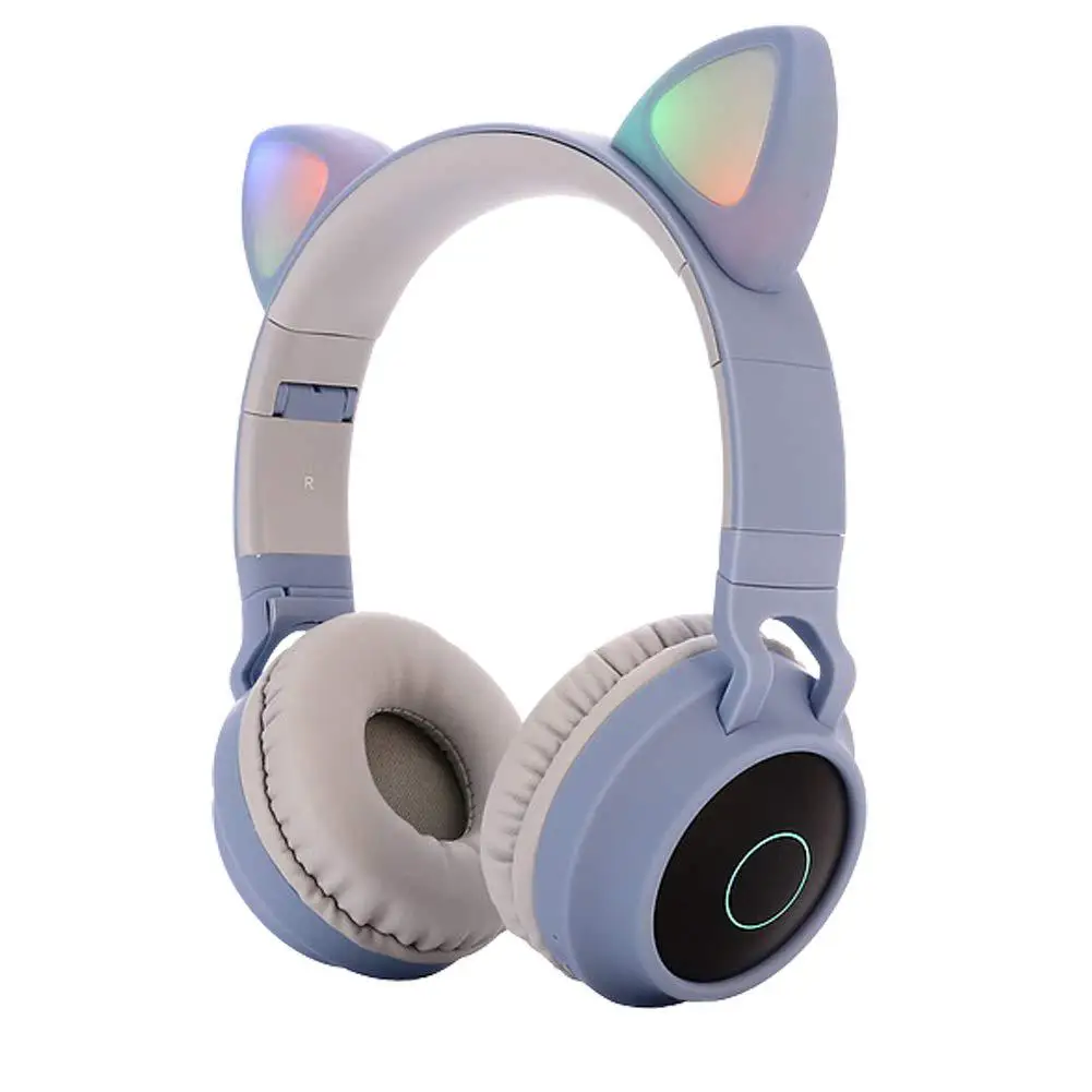 Стерео Беспроводная гарнитура на ухо с микрофоном светодиодный светильник FM радио/TF карты наушники r60 милые кошачьи наушники Bluetooth 5,0 складные наушники - Цвет: Blue gray