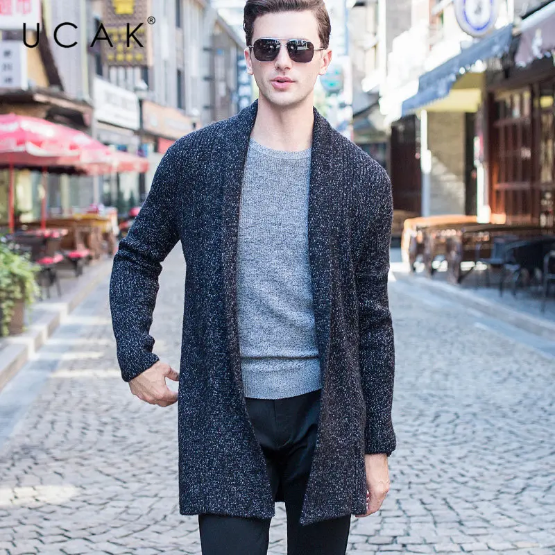 UCAK Brand Merino Wool Sweater Men Autumn Winter Cashmere Cardigan Men Streetwear Fashion Big Collar Long Sweater Coat Men U3052
