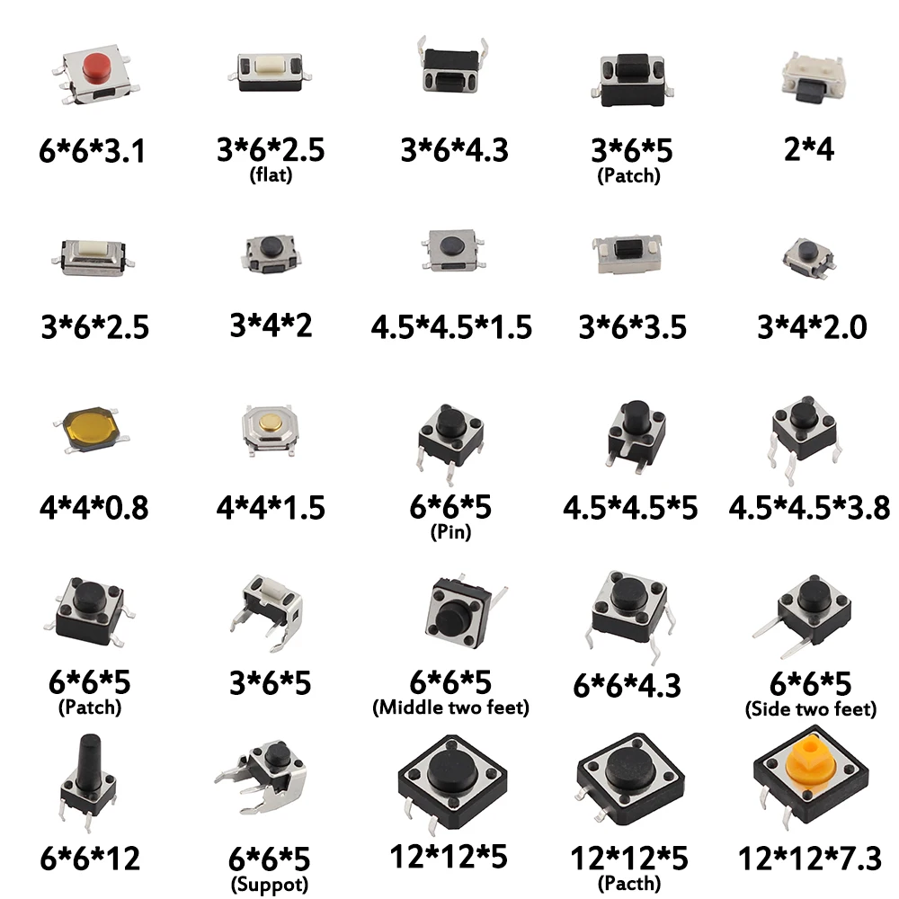 Kit interruttore tattile Micro pulsante assortito da 125 pezzi-25 tipi, inclusi Reset e Mini interruttori a foglia, SMD/DIP 2*4 3*6 4*4 6*6