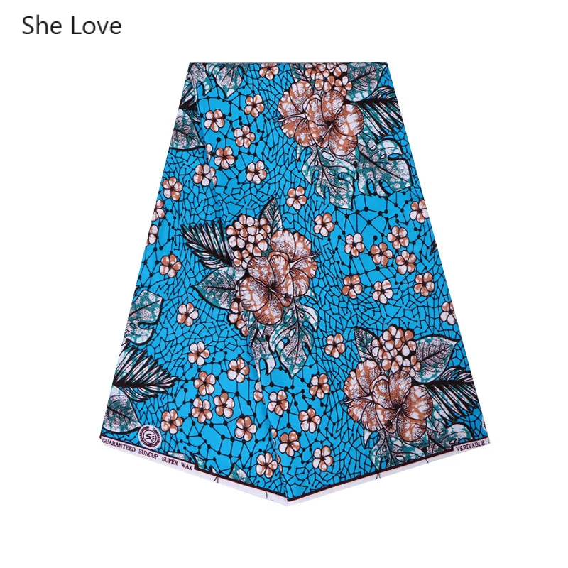 

She Love 1Yard Ankara African Polyester Wax Print Fabric Small Blue Floral Real Wax Fabric For Party Dress Making Home Textile