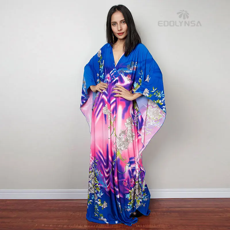 bikini cover 2022 Print Cover-ups Sexy Deep V-neck Summer Beach Dress Tunic Long Kaftan Women Beachwear Swimsuit Cover Up Robe de plage Q1289 cute bathing suit cover ups