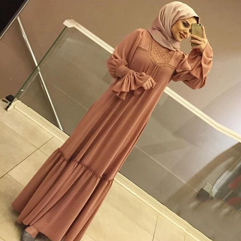Мусульманский женский хиджаб платье сплошной цвет рюшами лепесток рукав макси длинное платье Исламская одежда кафтан кимоно большие качели платья абайя - Цвет: picture red