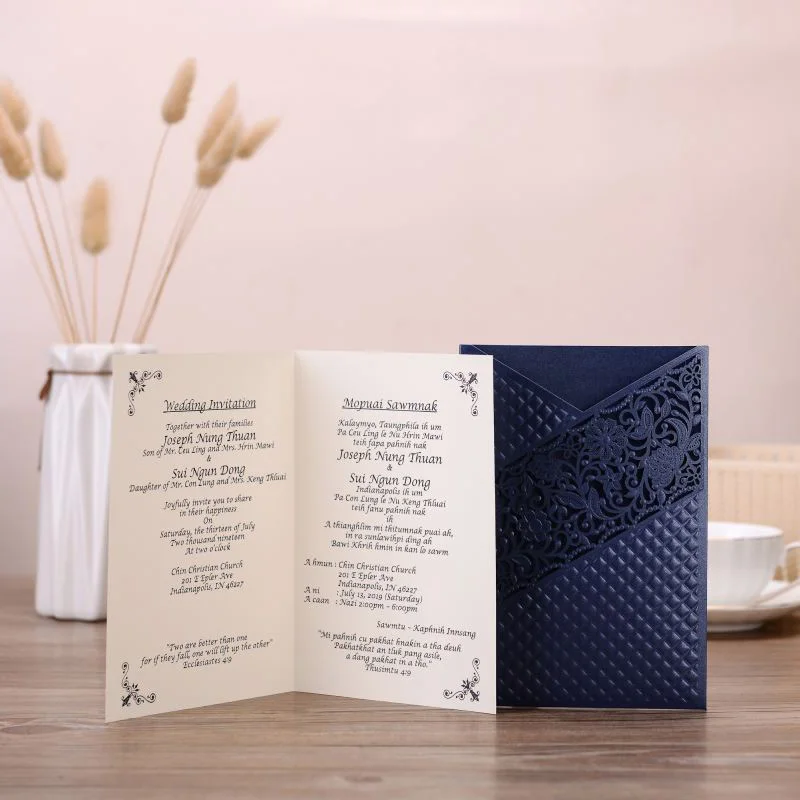 50pcs Blue Gold Laser Cut Flora Wedding Invitation Card Elegant Lace Rose Greeting Cards Custom Birthday Wedding Party Supplies