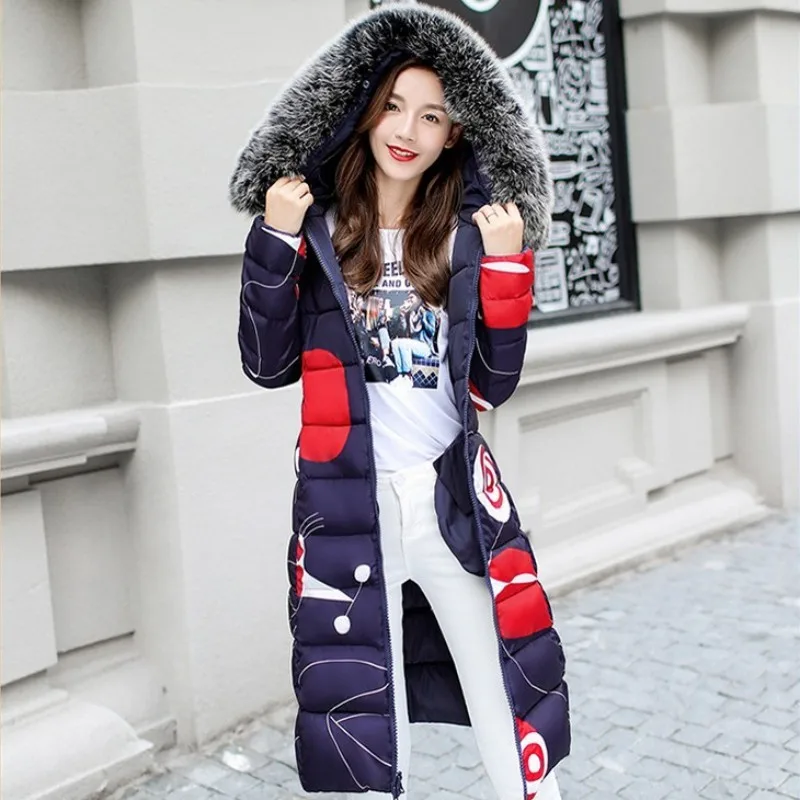

New Winter Womens Down Jacket Fashion Printing Warm Hooded Outwear Female Slim Fit Reversible Overcoats Plus Size M-3XL