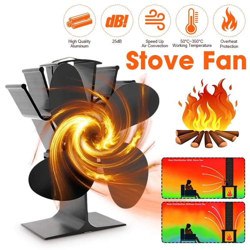 Black Stove Fan 4 Blade Fireplace Fan Heat Powered Komin Wood